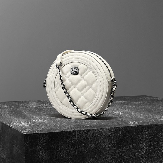 Lingge Chain Crossbody Small Bag White Genuine Leather Small Round Bag - Memoo.com